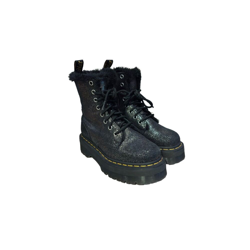 Dr Martens Jadon FL Black Silver Metallic Faux Fur Platform Boots Womens 5